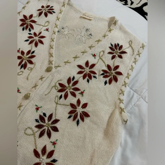 Vintage Ugly Christmas Sweater Vest Beaded Grandma Poinsettia Embroidered - Picture 13 of 15